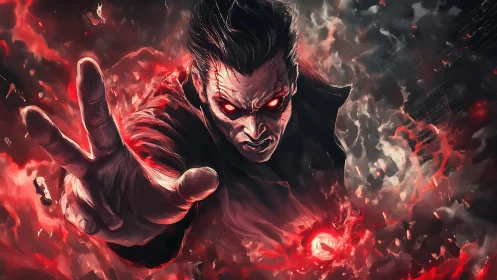 Storm of Red Fury Surrounding a Fierce Dark Sorcerer.