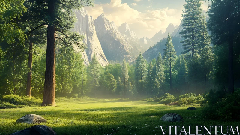 Alpine Valley Meadow with Granite Monoliths and Coniferous Forest Canopy
