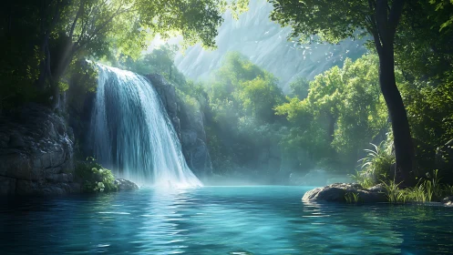 Radiant forest waterfall basin with volumetric light rendering.