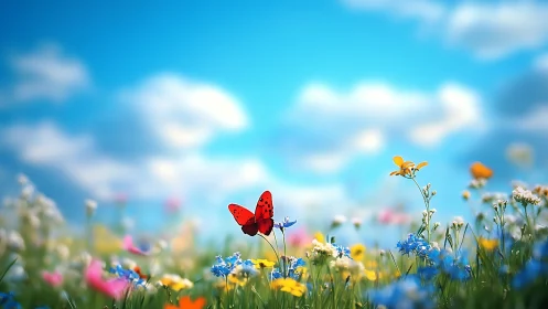 Red butterfly above wildflower meadow under blue sky.