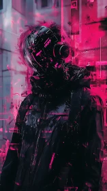 Hooded figure in dark gear amid neon magenta glitches.