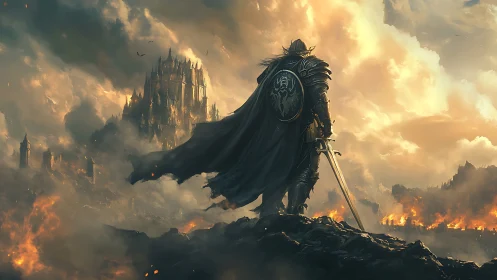 Armored warrior overlooking burning fortress landscape.