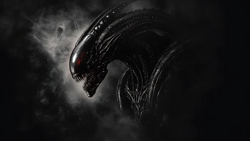 Biomechanical xenomorph profile in high-contrast shadow study.