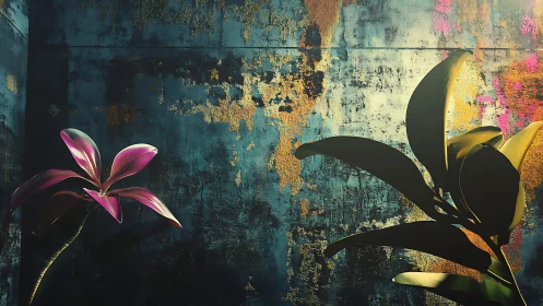Floral Forms Against Distressed Texture Wall.