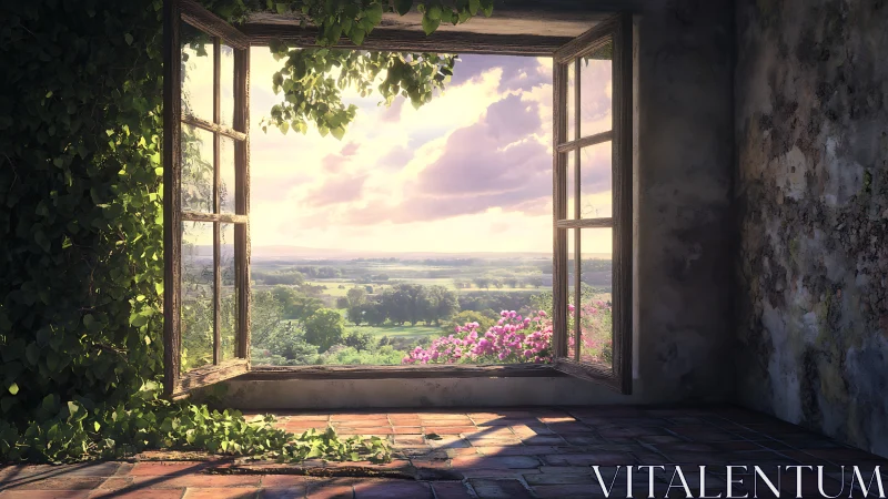 Open window frames distant rural landscape under soft light