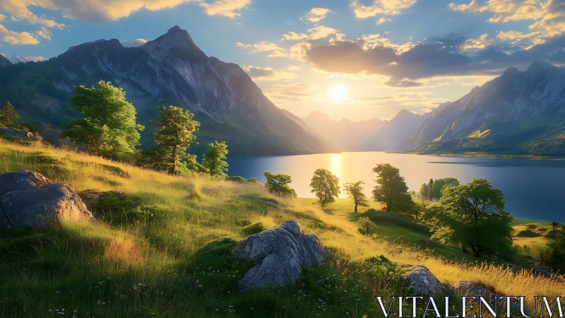 Golden sunset over alpine lake with luminous green slopes.