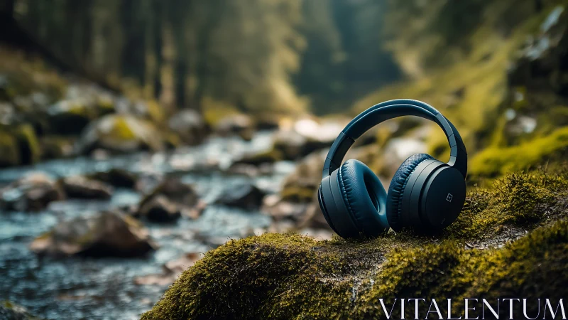 Wireless headphones resting on moss beside forest stream.