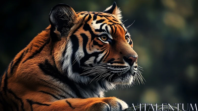 Photorealistic tiger portrait with cinematic shallow focus lighting.