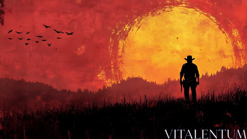 Silhouetted cowboy stands before oversized textured sun