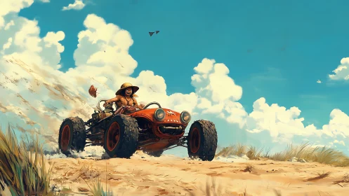 Sunlit dune racer laughs as sand and clouds chase behind