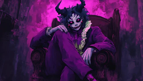 Horned skeletal dandy seated in chiaroscuro throne under magenta haze