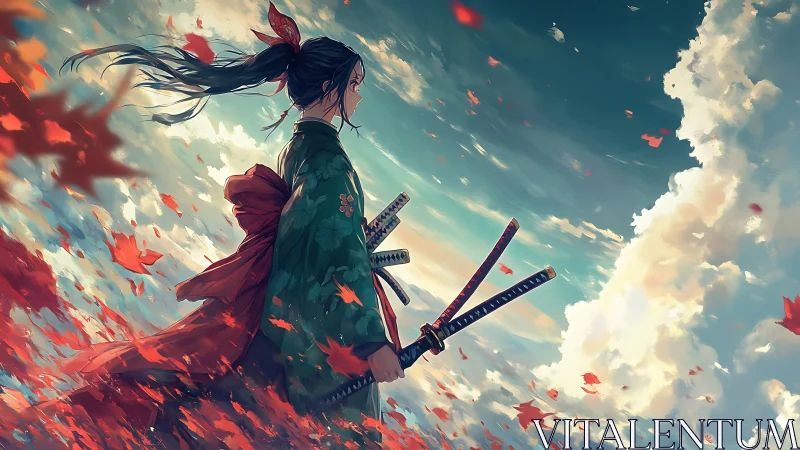 Samurai girl stands in red leaves under bright sky.