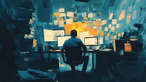 Night owl at a glowing desk plotting tomorrow’s ideas.