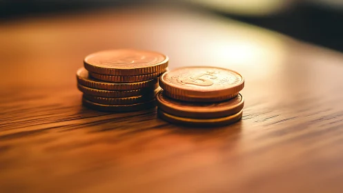 Stacked metal tokens on wooden surface in soft focus.