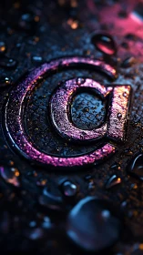 3D macro copyright emblem in neon wet-surface composition.