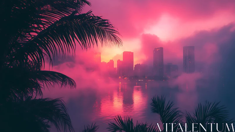 Neon mist over a tropical city skyline at dreamy sunset.