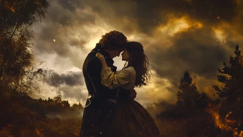Two figures in period dress positioned against dramatic clouded sky.