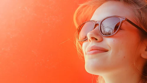 Sunlit closeup portrait with reflective sunglasses on orange.