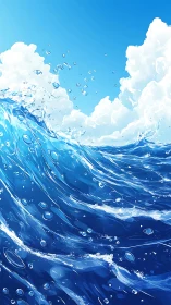 Digital seascape shows stylized wave surface and cloud backdrop