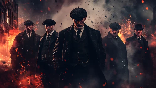Five suited men stand amid street fires and drifting embers