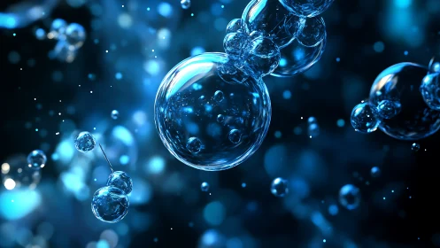 Translucent water bubbles drift through deep blue light field