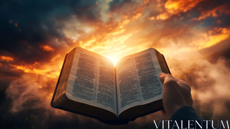 Handheld open Bible against radiant sunset cloudscape sky