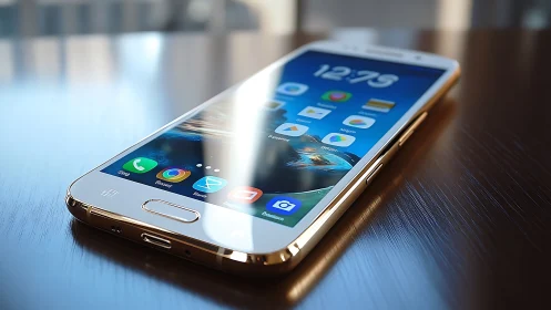 White smartphone with gold accents displays multicolored app interface.