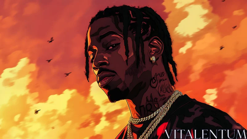 High-contrast cel-shaded portrait against saturated sunset sky