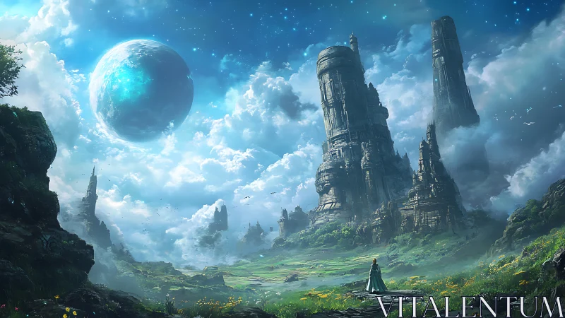 Digital painting of colossal alien monoliths in azure skyscape.