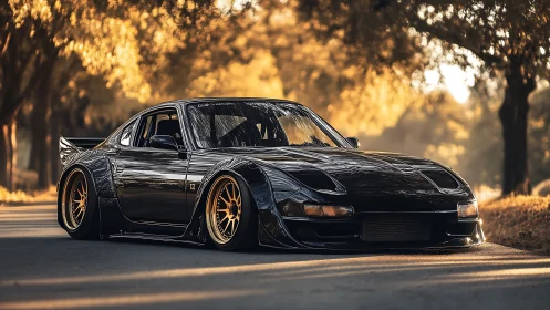 Autumn-lit widebody sports car prowls a tree-lined avenue.