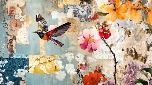 Colorful hummingbird drifts through blooming floral collage