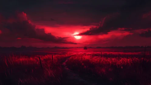 Crimson sunset gently washes a quiet countryside field in light