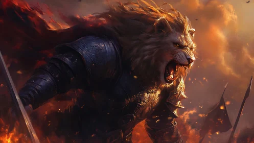 Armored lion warrior roars amid burning battlefield sky