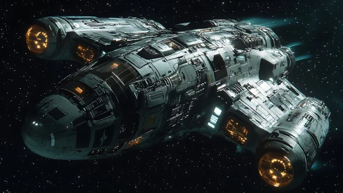 Interstellar gunmetal cruiser with glowing fusion drives.
