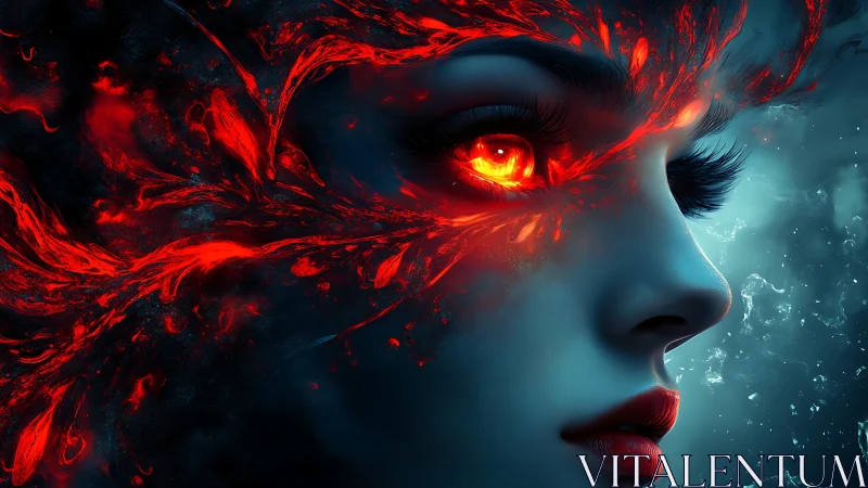 Female profile with molten red eye and abstract energy field.