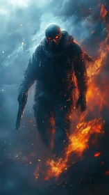 Mysterious flame-walker emerging from swirling stormfire.