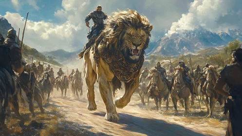 Mounted Warrior Leading Epic Cavalry Through Mountain Valley.