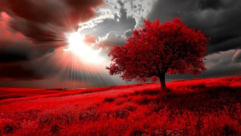 Monochrome red landscape with high-contrast irradiated sky.