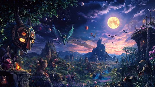 Lunar-illuminated fantasy valley with masked beast and flying owl