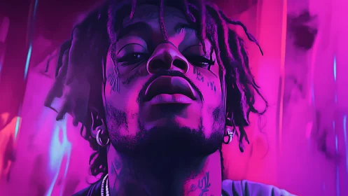 Neon-lit low angle portrait uses bold magenta cyan contrast and gradients