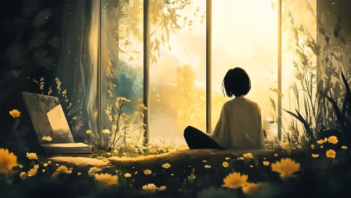 Backlit figure in floral interior threshold under golden haze.