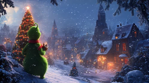 Green creature gazes at glowing Christmas tree in snowy town