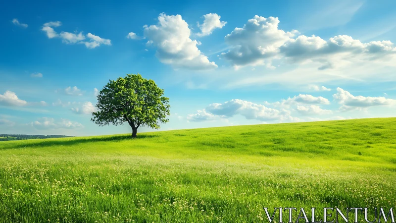 Solitary tree over rolling green meadow under bright sky.
