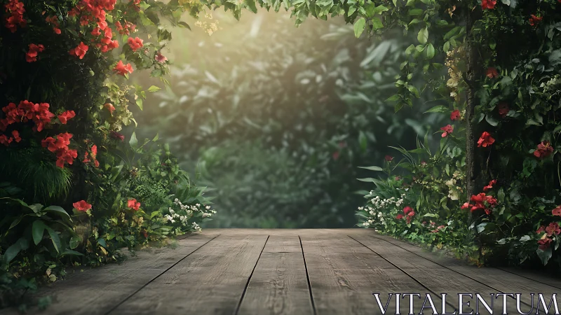 Sunlit wooden terrace framed by dense blooming garden foliage