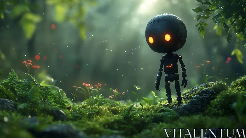 Small bipedal robot stands in sunlit forest clearing
