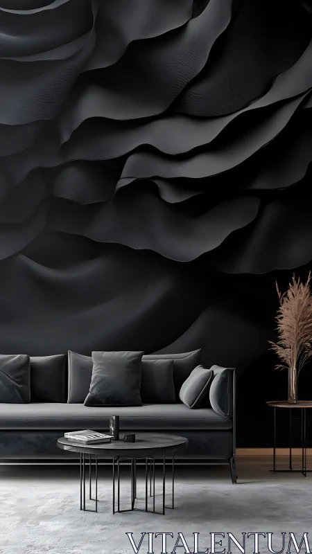 Parametric black wall relief behind monochrome velvet sofa.