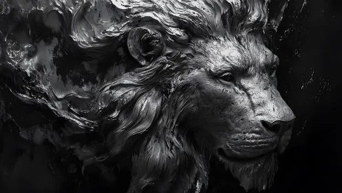 Monochrome 3D lion bust merges sculptural detail with motion