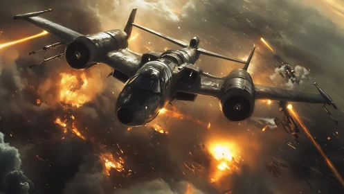 Twin‑engine attack aircraft over illuminated conflict zone.