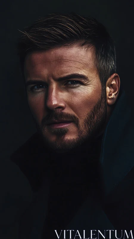 Stormlit gaze of a rugged gentleman in midnight shadows.