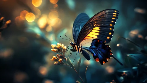 Glowing butterfly on blossom under dreamy bokeh light.